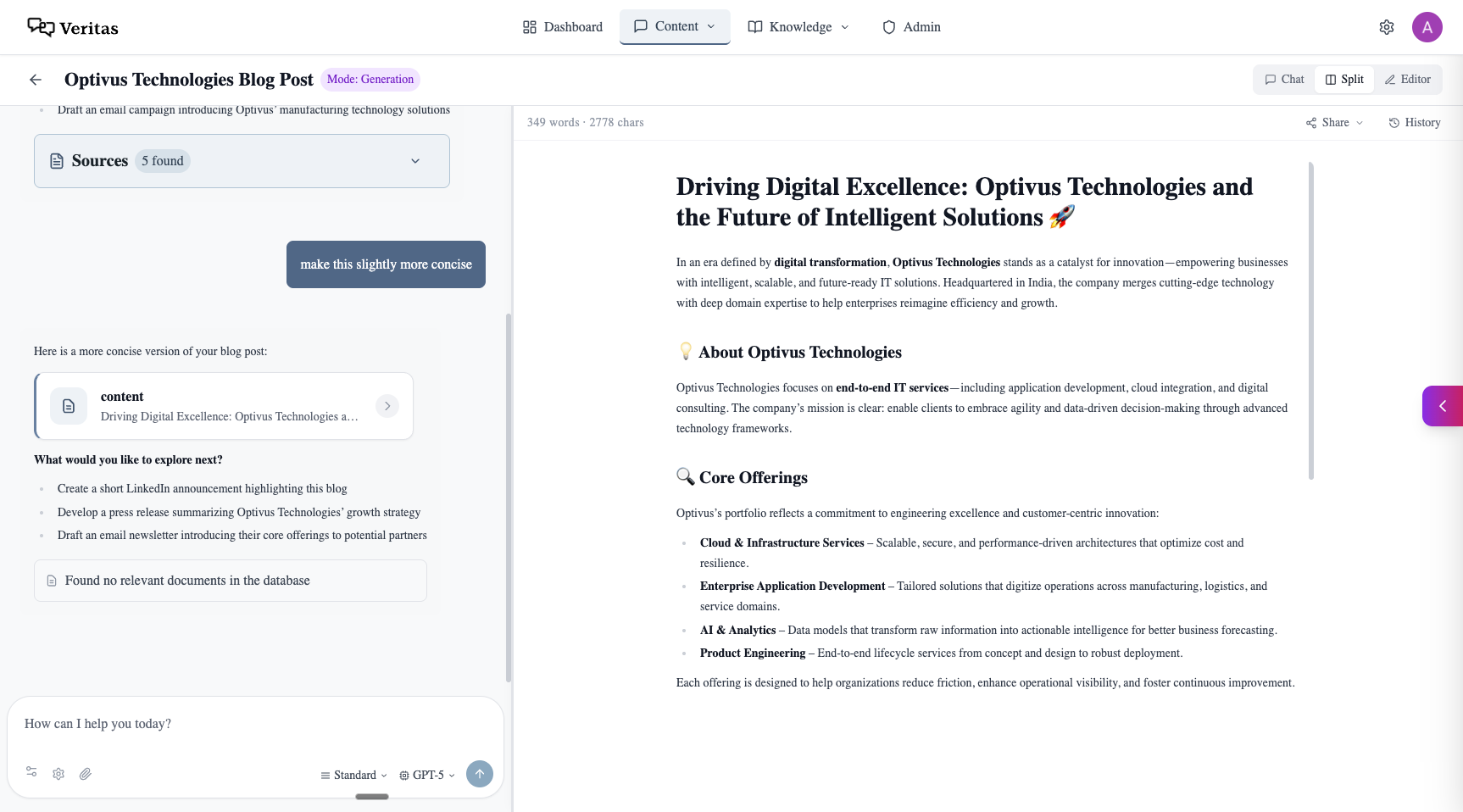 Veritas content generation dashboard